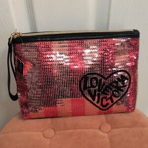 Victoria’s Secret Signature Pink Stripe Sequin Makeup Cosmetic Travel Bag NWT